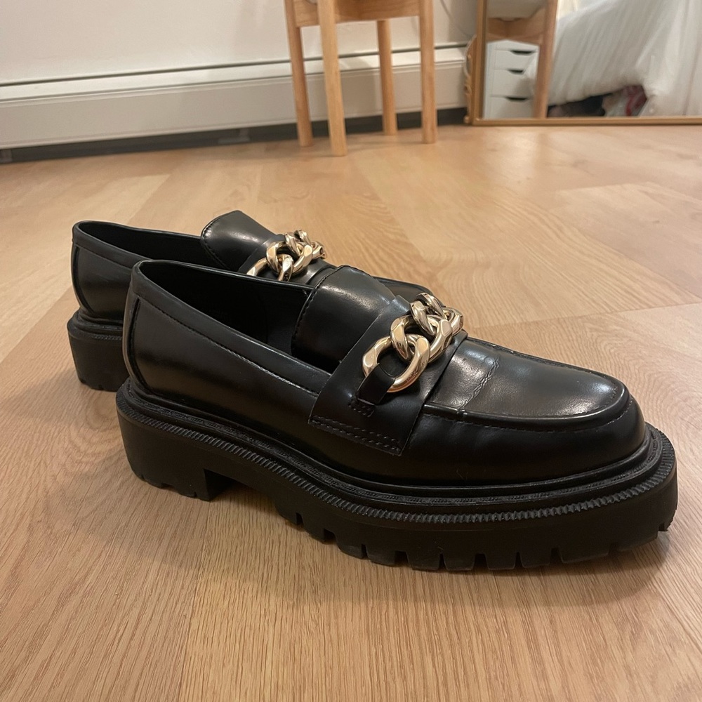 Chunky black lug sole loafers